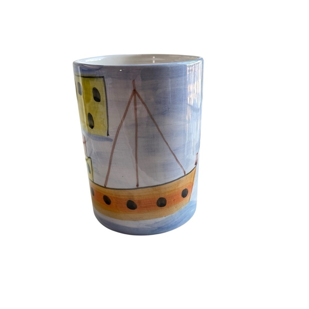 Amara fishing boat, fish Net/Village On The Sea Hand painted Crock Made In Italy